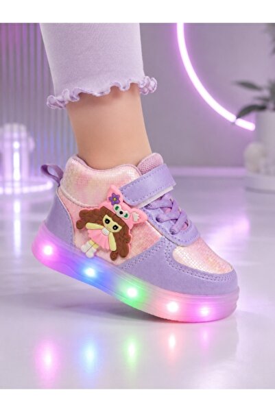 HANNA Pantofi sport inalti cu luminite, Model Papusa, Piele ecologica, Fete, Mov