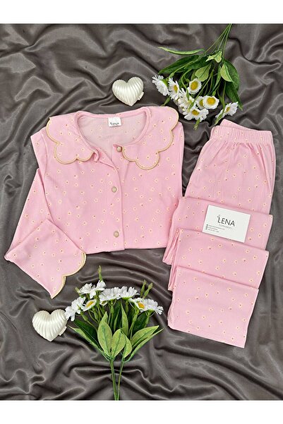 Lena Homewears طقم بيجامة بيرلين كاشكورس بأكمام طويلة وياقة متموجة منقوشة بال...