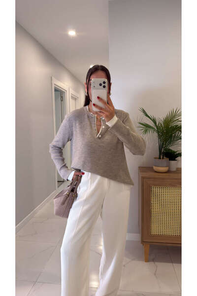 BİRCANÇİL Tolda Mink Ecru Patched Knitwear