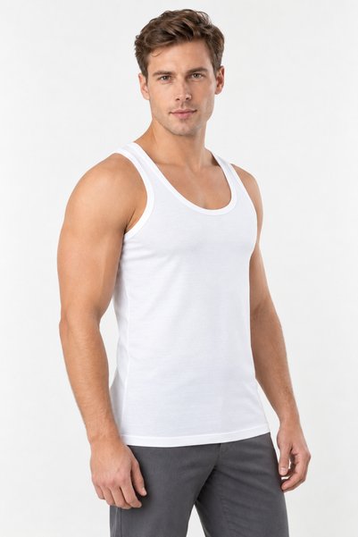 Loule Men's Cotton Combed Single Jersey Wide Strap Undershirt Single White