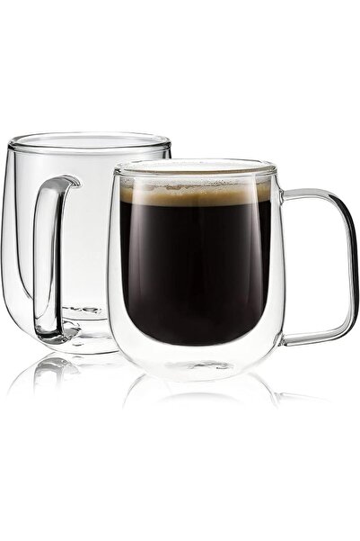 OVA Double Wall Insulated Glasses Espresso Cups with Handle, Clear Glass Coff...