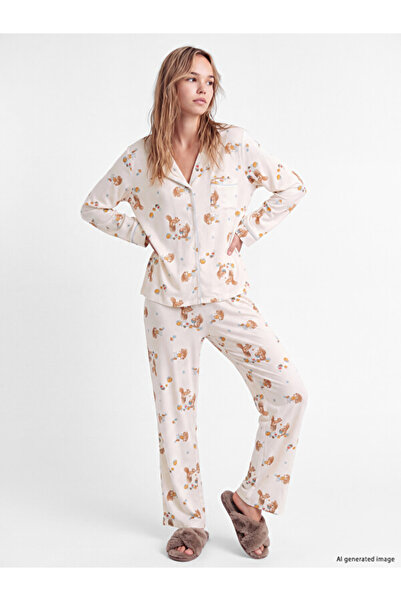 LC Waikiki Rmz Gi̇yi̇m Farkiyla Shirt Roba Collar Embroidered Women's Pajama Set