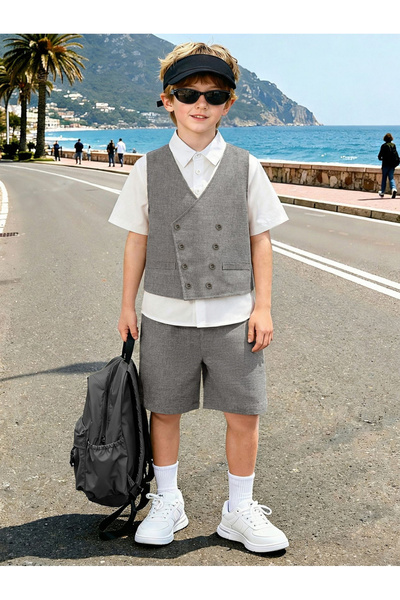 Take Two By Styli Boys Collared Shirt, Vest and Shorts Set
