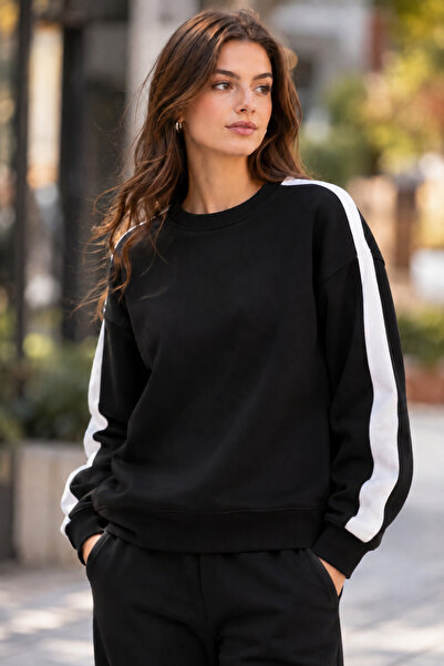 MONFİ Women's Crewneck Sweatshirt with Strip Detail