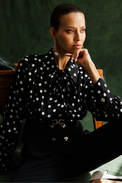 Moda İlgi Modailgi Kruvaze Puantiye Desen Bluz - 40222 Siyah