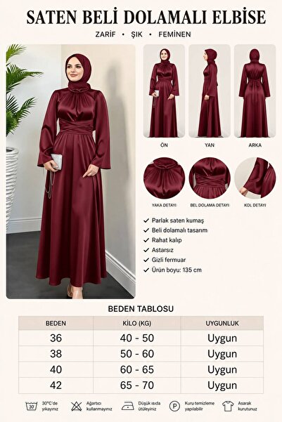 STYLE NİŞANTAŞI Satin Hijab Evening Dress Belted Spanish Sleeve Long Maxi Dress Bordo