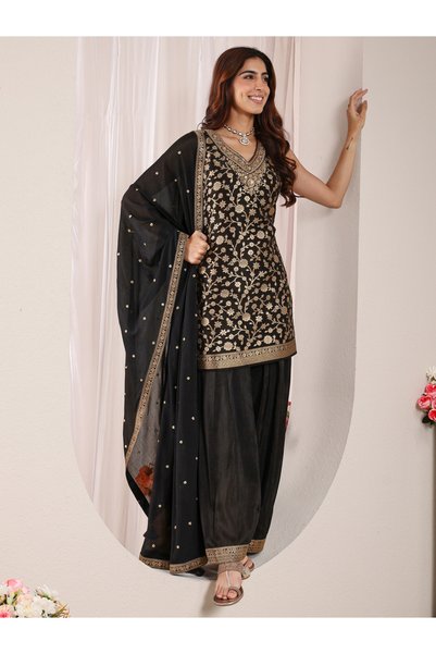 Libas By Styli Black Woven Design Silk Blend Straight Kurta, Salwar And Dupat...