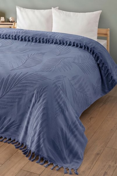 Sevim Single Fringed Towel Bedspread - 100% Cotton & Soft & Fringed Pique - 150X220 cm - Indigo