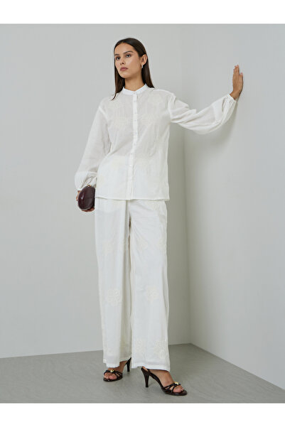 Styli Off White Schiffli Shirt and Wide Leg Pants Co-ord Set