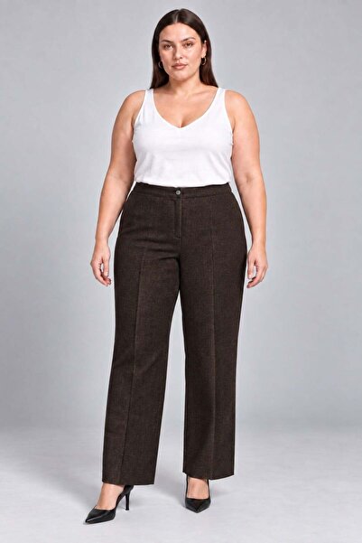 RMG Soft Velvet Buttoned Plus Size Fabric Trousers Coffee