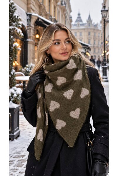 BALIENTE Khaki Heart Patterned Triangle Shawl 175X72 cm
