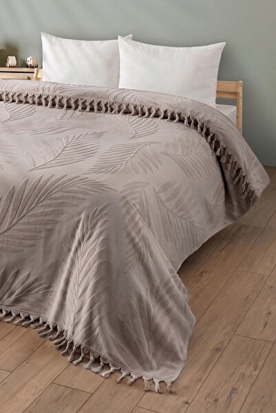 Sevim Single Fringed Towel Bedspread - 100% Cotton & Soft & Fringed Pique - 150X220 cm - Beige