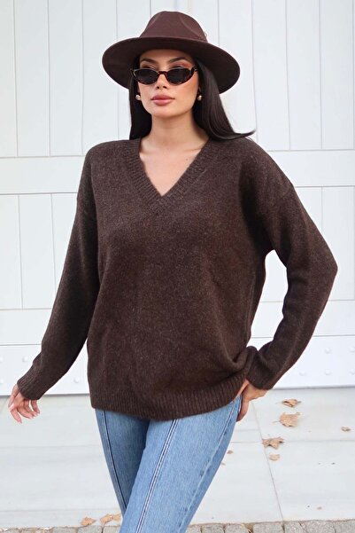 KECHİ WOMAN V-Neck Oversize Knitwear Sweater — Brown