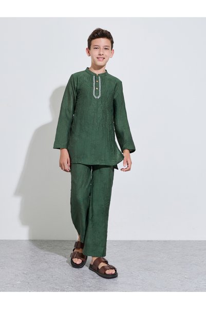 Styli Teen Boys Placket Detail Kurta and Solid Pants Set