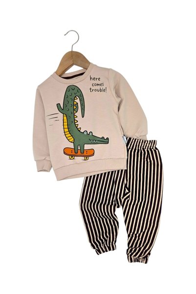 Egelite Baby Boy Crocodile Printed Stripe Parachute Pants 1-2-3-4 Years Old 2-Piece Stylish Bottom and Top Baby Set