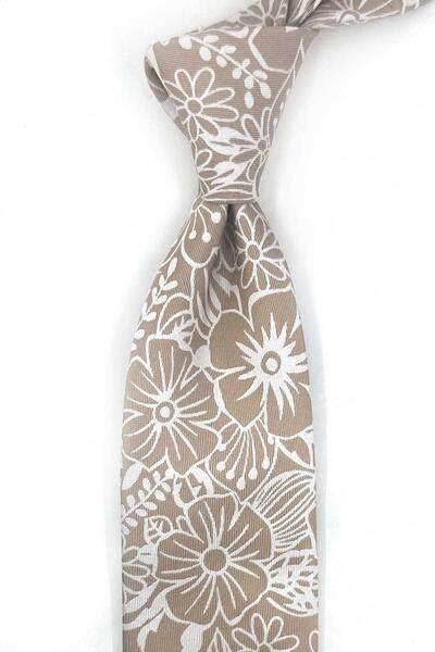 Kravatkolik Beige Floral Pattern Italian Silk Tie İk2590