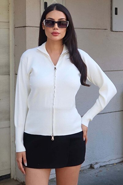 KECHİ WOMAN Ribbed Knitwear High Collar Zippered Cardigan — White