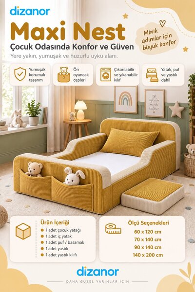 Yeni Nesil Maxi Nest %100 Sünger ve Yıkanabilir Fermuarlı Kumaşa Sahip Bebek, Çocuk ve Genç Montessori Karyola Baza ve Başlık Yatağı Seti - Sarı Fitilli