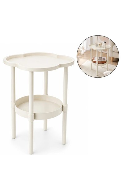 OEM Măsuță de cafea cu 2 niveluri, blat în formă de trifoi, 38 x 38 x 47 cm, Plastic, Alb