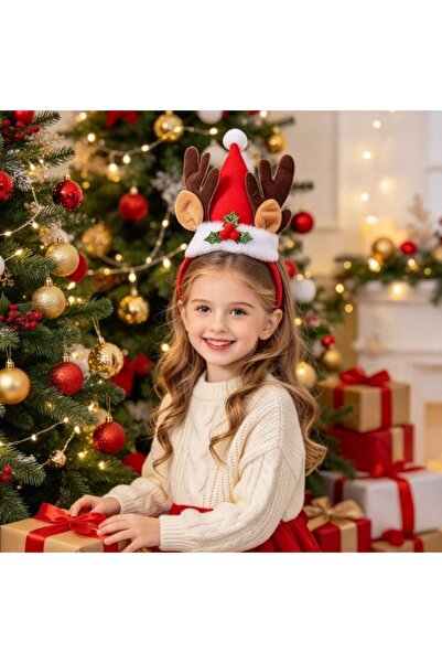 Kmt Style Decorative Christmas headband with reindeer antlers and red hat, Ch...