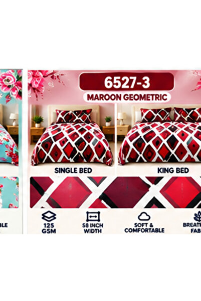 J. STAR Maroon Geometric Single Bedsheet Set 270 * 260cm, 1 king flat sheet w...