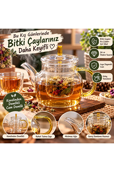 ALOTUHAFİYE Kendinden Demlikli Cam Demlik Bitki Çayı ve Kış Çayı Demleme Çayd...