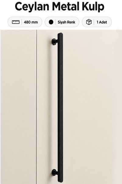 Badem10 Lüks Siyah Metal Kulp 480 mm 1 Adet Çekmece Dolap Kapak Kulpu Uzun Mo...