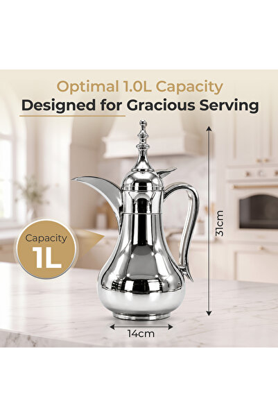 Xtra Stainless Steel Vacuum Flask 1L Silver Double Wall Insulated Dallah for Coffee and Tea