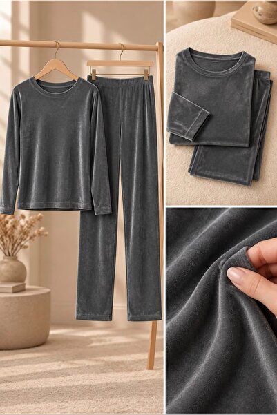 Lady Queen French Velvet Plain Long Sleeve Crew Neck Pajama Set