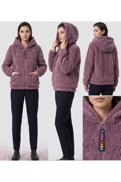 RAVELLES Women's Zipper Detailed Plush Fleece Hooded Coat / Sweatshirt