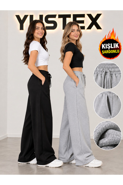 LAUSRA 2 Adet Kışlık Kadın Eşofman Altı (Siyah ve Gri) 2 ADET İÇİ ŞARDONLU EŞ...