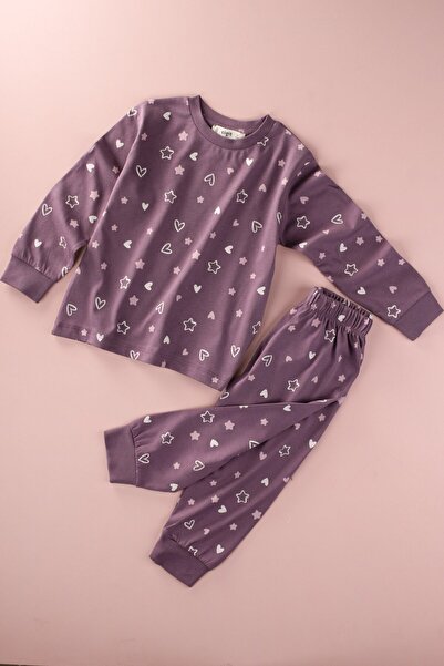 Cigit Patterned Pajama Set 2-8 Years Old Plum