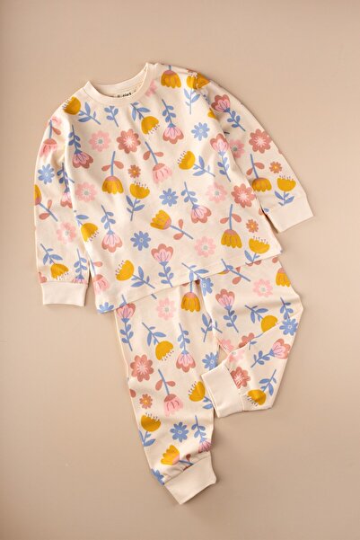 Cigit Patterned Pajama Set 2-8 Years Old Ecru Floral Pattern