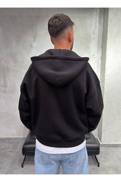DIFRANSEL JEANS Hanorac negru oversize cu fermoar dublu și bordură, cu fermoar