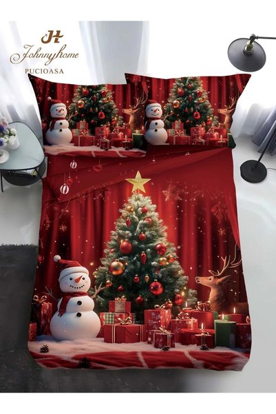 Pucioasa Home Set lenjerie Craciun 4 piese 1 persoana | rosu | Snowman & Chri...