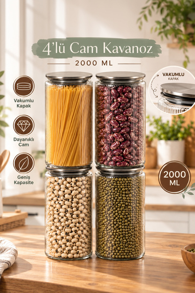 Porsima S-2091 Sarina 4'lü Çizgili Cam Kavanoz Seti 2000 ml – Metal Vakum Kap...