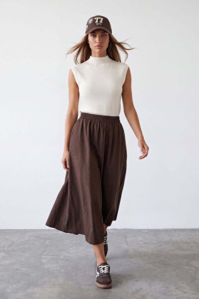 Trend Alaçatı Stili Women's Brown Elastic Waist Double Pocket Woven Skirt Alc...