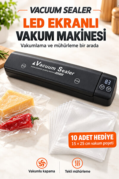 Vacuum Sealer LED Ekranlı Gıda Vakum Makinesi ve Poşet Yapıştırma Mühürleme Cihazı Vakum Poşeti Hediyeli