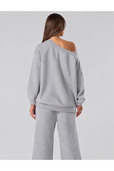 trendgar Gri Bol Asimetrik Yakalı Sweatshirt/ WideLeg/Geniş Paça Alt Eşofman Takımı