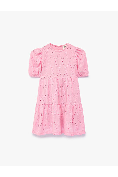 Koton Layered Crew Neck Short Sleeve Embroidered Dress