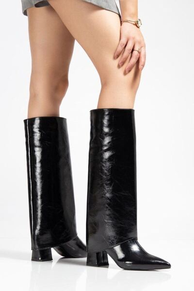 TRENDELLA Women's Black Patent Leather Detachable Pointed Toe Thick Heeled Bo...