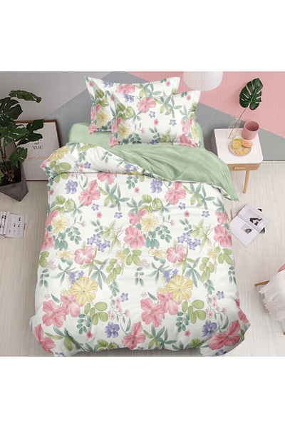 Pucioasa Home Lenjerie pat 1 persoana finet 4 piese – alb cu flori multicolor...