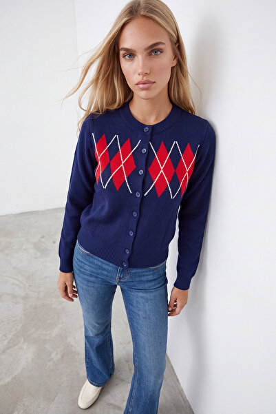 Trend Alaçatı Stili Women's Navy Blue Diamond Patterned Buttoned Knitwear Car...
