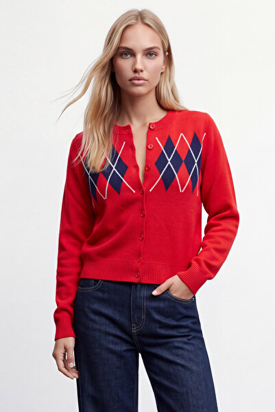 Trend Alaçatı Stili Women's Red Diamond Patterned Buttoned Knitwear Cardigan ...