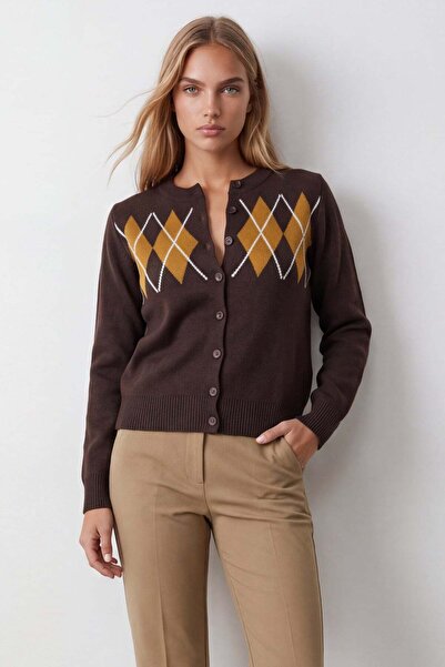 Trend Alaçatı Stili Women's Brown Diamond Patterned Buttoned Knitwear Cardiga...