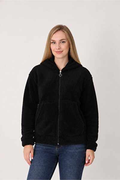 comstar Women's Trendy Hooded Zippered Black Plush Cardigan