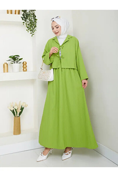 BETES Set dublu elegant din țesătură Gofre Hijab pentru femei, verde ulei