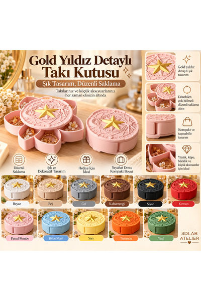 Genel Markalar 3DLAB ATELIER Gold Yıldız Detaylı Döner Takı Kutusu – Çok Bölm...