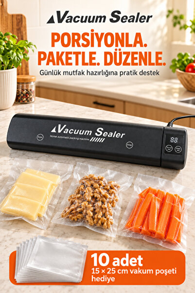 Vacuum Sealer LED Ekranlı Gıda Vakum Makinesi ve Poşet Yapıştırma Mühürleme Cihazı Vakum Poşeti Hediyeli