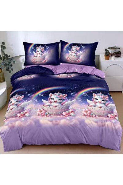 Pucioasa Home Lenjerie de pat mov cu unicorni, curcubeu si nori roz, 4 piese,...